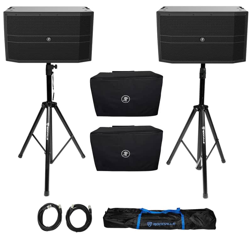 (2) Mackie DRM12A 2000 Watt 12" Arrayable Powered DJ PA Speakers+Covers+Stands image 1