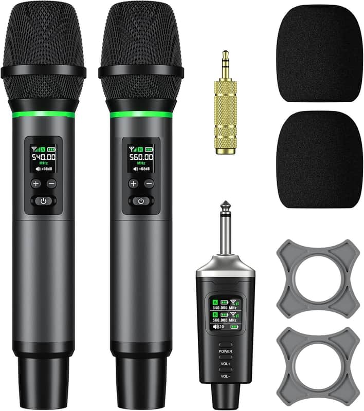 Metal Wireless Mic Set with Case, Handheld Cordless Dynamic Microphones for Singing, Karaoke, Church, DJ, 130ft Range image 1