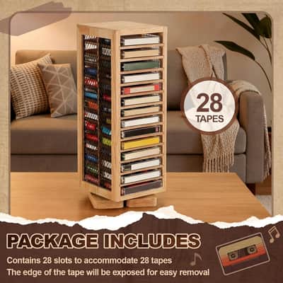 Rotating Cassette Tape Display Rack – 28-Tape Double-Sided Metal & Wood Holder for Music Studios image 3