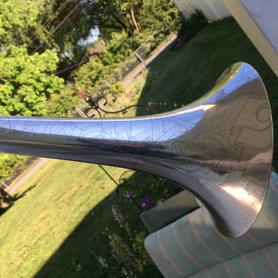 " DAPPER PAN " SUMMER DEAL CONN 44H TROMBONE 1936 SERVICED GIG READY ORG SILVER PAN VOCABELL CONNQUEROR HAND POLISH SILVER 98% HAND ENGRAVED UNIQUE PAN MUSTACHE FACE image 25