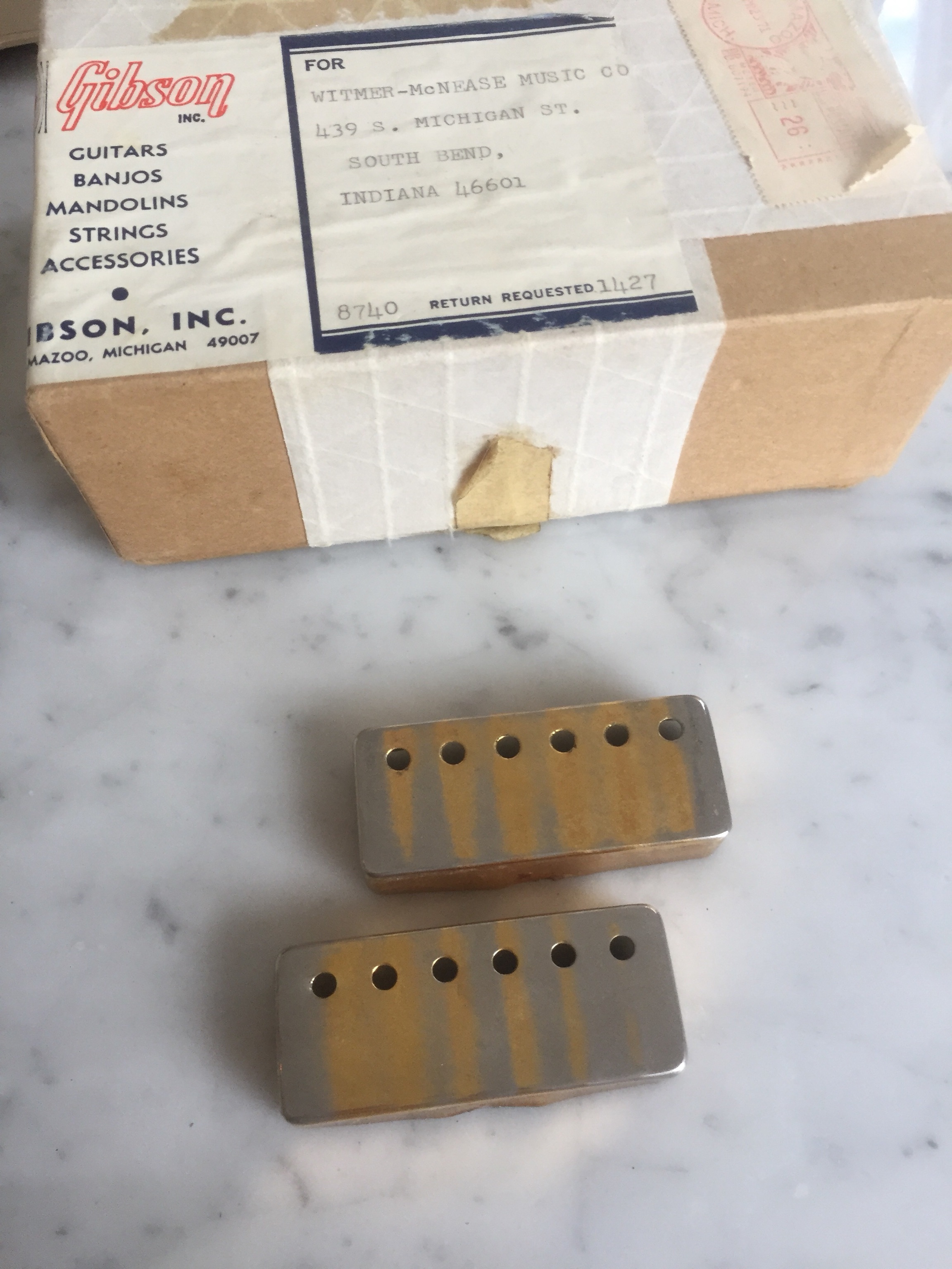 Circa 1969-1971 Gibson Mini Humbuckers Pickup Gold Covers Les Paul Deluxe