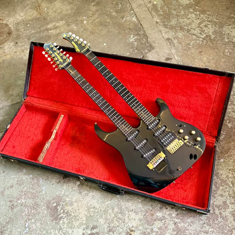 激レア Moon STRATCASTER Vintage Moon Double neck 6/12 super strat c 1980's 1990 - Black sparkle
