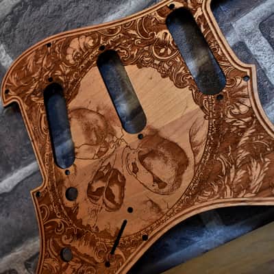 Wood Pickguard for Stratocaster HSS and SSS Laser engraved Real Cherrywood with Unique Artwork image 2