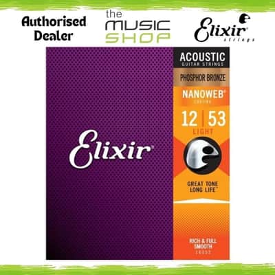 2 x Elixir Nanoweb Acoustic Guitar Strings, Phosphor Bronze, Light, 12-53- 16052 image 1