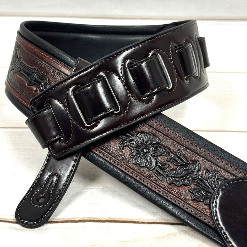 Walker and Williams KB-02-BT Oxblood Brown Carving Leather Padded Guitar Strap With Black Floral Skull & Cross For All Guitars And Basses image 1