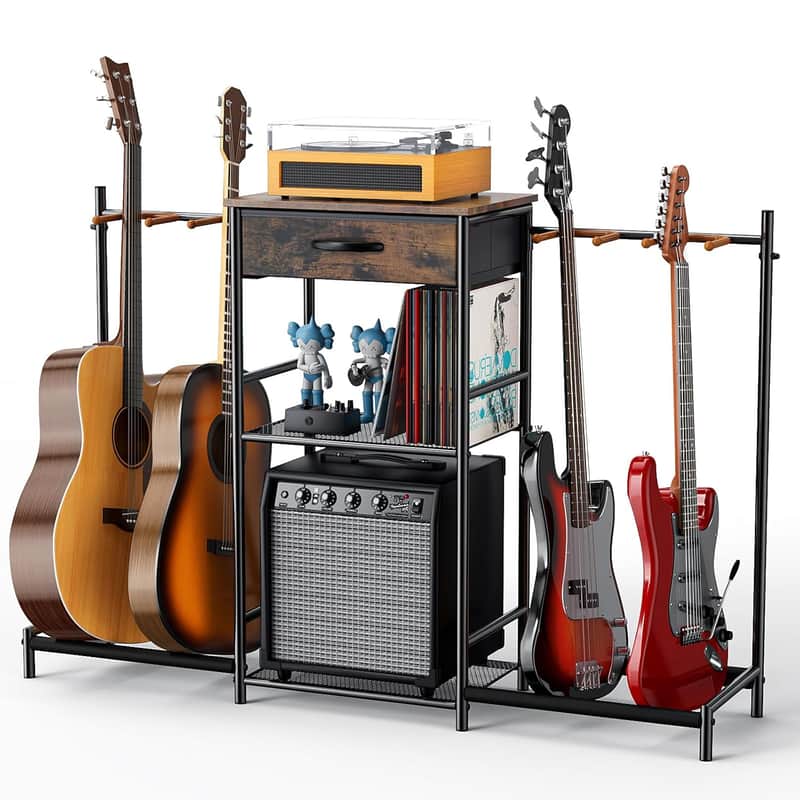 Guitar Stands Floor With 4 Guitar Holders, 3-Tier Guitar Stand Multiple Guitars, Guitar Rack With Amp Stand & Cloth Drawer, Multi Guitar Stand For Music Studio, Guitar Accessories Gift For Music Lover image 1
