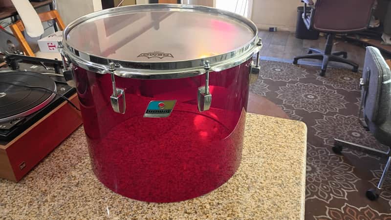 Vintage 1970s Ludwig Red Acrylic Vistalite 15"Concert Tom Drum Iconic Blue & Olive Badge Rare image 1