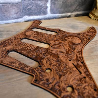 Wood Pickguard for Stratocaster HSS and SSS Laser engraved Real Cherrywood with Unique Artwork "Stumble" image 6