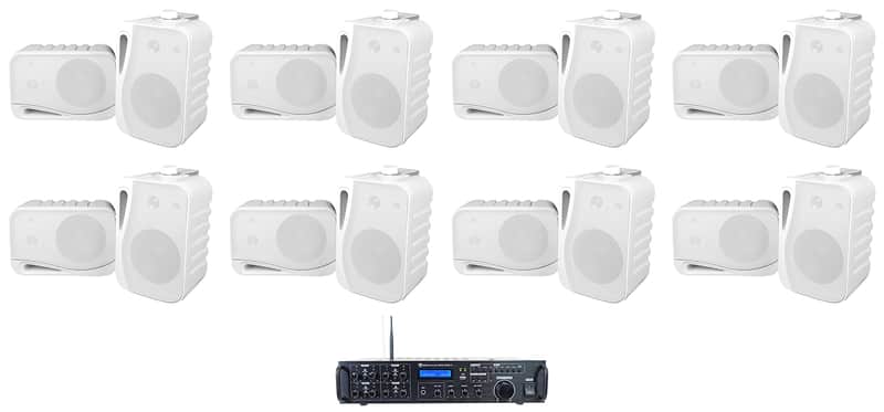 Rockville Rock Zone 8 Ch. Receiver+16) White 4" Wall Speakers For Restaurant/Bar image 1