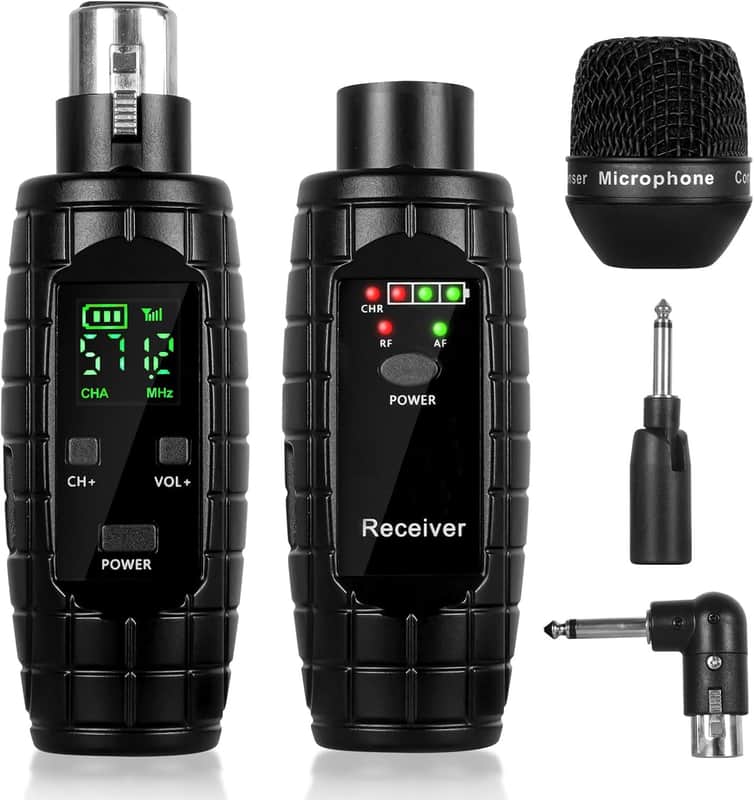 UHF Wireless Microphone System,Transmitter and Receiver XLR Adapter for Dynamic Microphones, Guitar, Mixer, PA System, 16 Adjustable Frequencies, USB Charge, 250ft Range image 1