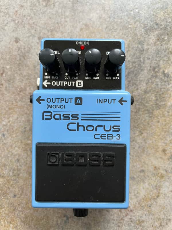 Blue Boss CEB-3 chorus pedal with knobs and jacks visible.