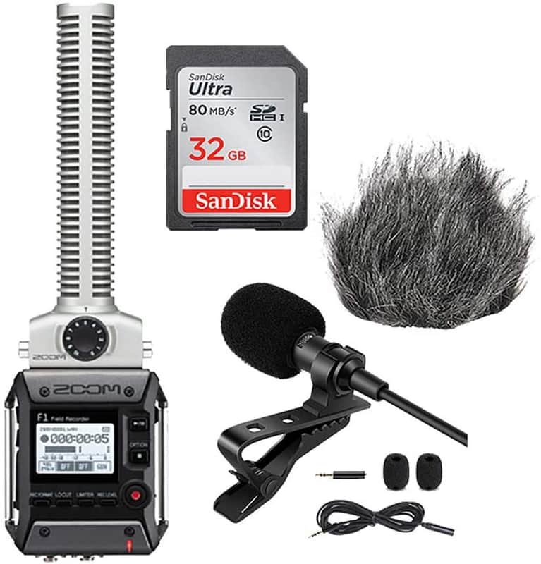 Zoom F1-SP Field Recorder + Shotgun Mic Pack + Lavalier Lapel Mic clip + 32 GB sd card +windbuster image 1