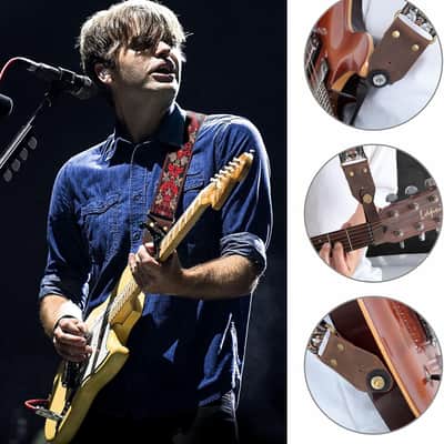Guitar Strap,Jacquard Embroidery Cotton Guitar Straps with Crazy Horse Leather Leather Ends for Bass, Electric & Acoustic, Best Gifts for Kids, Guitarists(Retro Red Flower) image 5