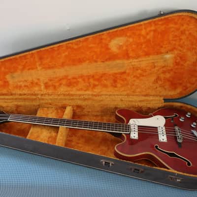 Vintage 1966 Vox Cougar V214 Bass Guitar Cherry Red Very Clean With Case 6/7 Condition Lots Of Finish Checking image 1