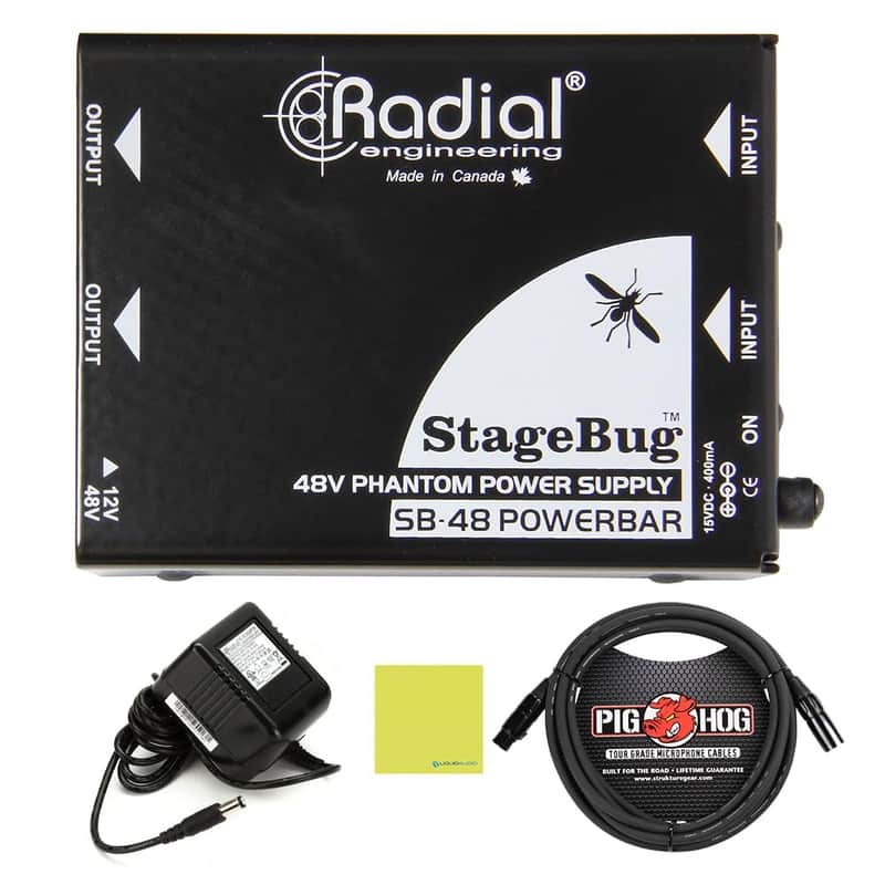 Radial Engineering StageBug SB-48 Phantom Power Supply Bundle w/Pig Hog PHM10 8mm Mic XLR Cable and Liquid Audio Polishing Cloth image 1