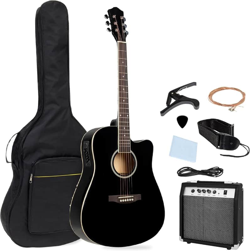 Beginner Acoustic Electric Guitar Starter Set w/ 41in, All Wood Cutaway Design, Gig Bag, Strap, Picks - Black image 1