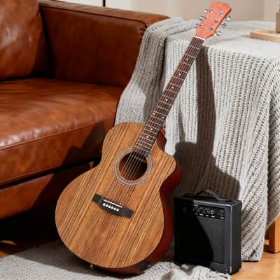 Cxxss 41-inch walnut top acoustic guitar with matte binding, comes with a 15W amplifier, bag, tuner, strings and other accessories - Natural Wood image 2