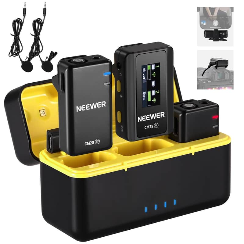 Cm28 Wireless Lavalier Microphone System With Charging Case, 2 Mic Clips, 1 Click Noise Canceling, 4Gb Storage, 9H Playtime, Lavalier Lapel Mic Compatible With Iphone/Android/Pc/Camera/Ipad image 1