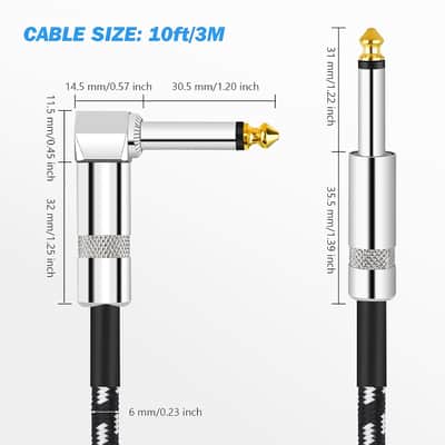 Guitar Cable, Instrument Cable, Bass Cable, Guitar Cord 10FT, 6.35mm Straight Curved Audio Cable for Various Musical Instruments - Electric Guitars, Electronic Keyboards, Speakers image 2