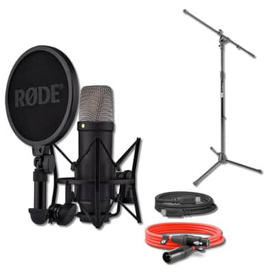 Rode NT1 5th Generation Condenser Microphone (Black) with On-Stage MS7701B Euro Boom Microphone Stand and XLR Cable image 1