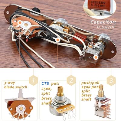 Prewired 4 Tone Guitar Control Plate Assembly, Loaded 3-way Blade Switch Push Pull Potentiometer Excellent CTS Pot Speed Knobs to Clarity Pickups, Chrome-09 image 5