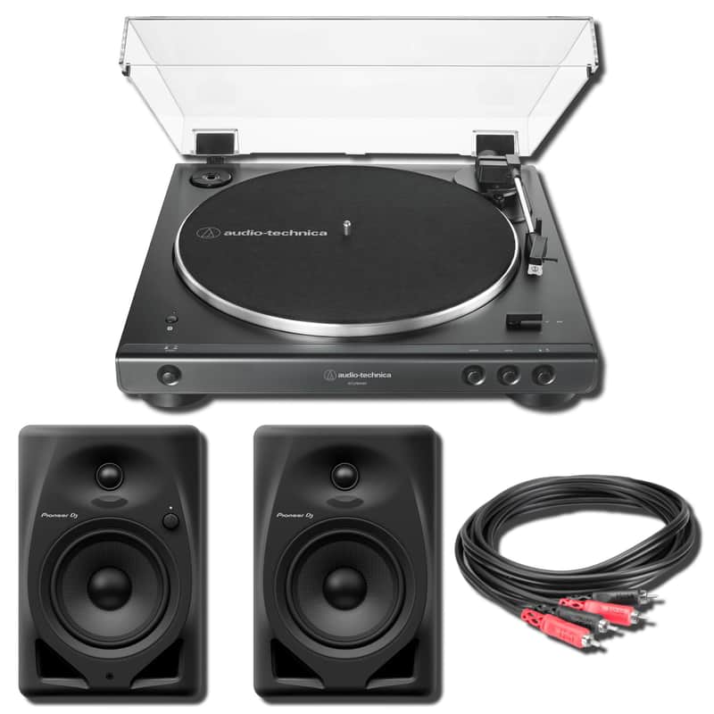 Audio-Technica AT-LP60XBT-BK Fully Automatic Wireless Belt-Drive Turntable with Pioneer DJ DM-50D 5-Inch Active Desktop Monitors (Pair) and Hosa CRA-204 13-Foot Dual RCA Stereo Cable