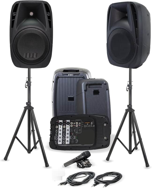 PA System with Stands Bluetooth Speaker System with 6-Channel Mixer, Dual 10" Speakers, Mic & Cables - Complete All-in-One Kit for Small Events, DJs & Karaoke image 1