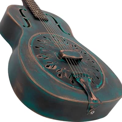Recording King RM-997 Bell Brass Concert Resonator Acoustic Guitar, Bell Brass Body, Distressed Vintage Green image 3