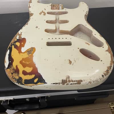 MJT body Aged Nitro Fender Stratocaster Olympic White over 3-Tone Burst reliced image 5