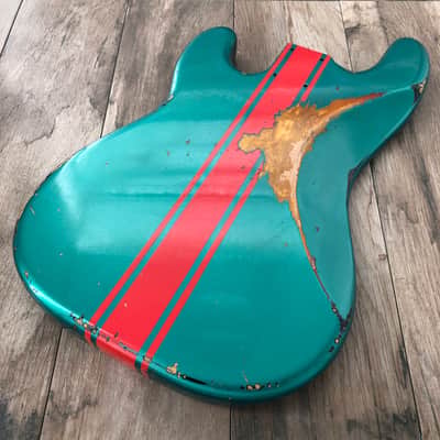 FRANCHIN Jupiter bass body Relic Aged Sherwood Green Metallic over 3-Color Sunburst with Ferrari Red racing Stripe 100% Nitro Lacquer Cracks Alder Precision-Style Made in Italy - Stock piece #23200726 image 12