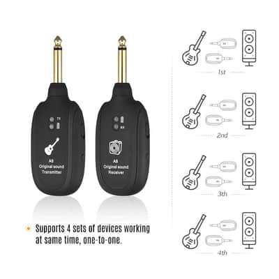 A8 Wireless UHF Rechargeable Transmitter & Receiver, Guitar, Bass, Keyboard FREE SHIPPING! LAST ONE! - Black image 3