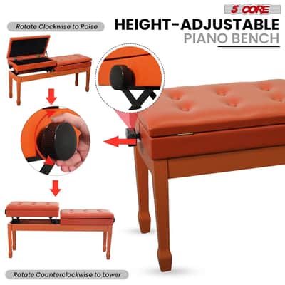 5 Core Duet Piano Bench 3.5 Inch Padded Cushioned Stool Wooden Heavy Duty Musician Chair Height Adjustable Double Keyboard Seat w Storage Nonslip Leg - PNB DT CML BRWN-Camel Brown image 4
