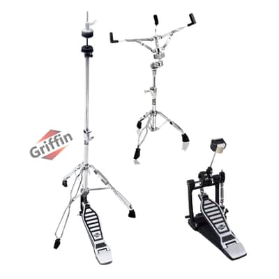 GRIFFIN 3 Pack Drum Hardware Combo Kit (ChromeElite Edition) – Hi-Hat Stand, Kick Pedal & Snare Stand – Chrome Percussion Set for Gigs, Practice & Mobile Drummers image 2
