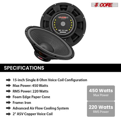 5 Core 15" Subwoofer Speaker Pair 450W MAX PA DJ Replacement Audio Sub Woofer 8Ohm Bass Driver image 5