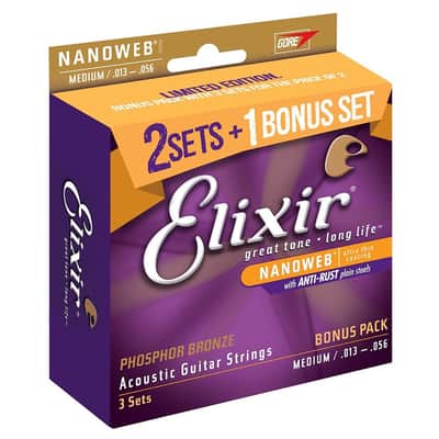 Elixir Limited Edition 3-Pack 16102 Phosphor Bronze NANOWEB Acoustic Guitar Strings Medium 13-56 image 2