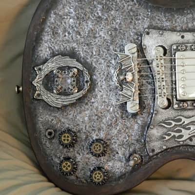 Steampunk Skull Epiphone SG G-400 Guitar Hand sculpted top hand made metal skull parts rings knobs image 6