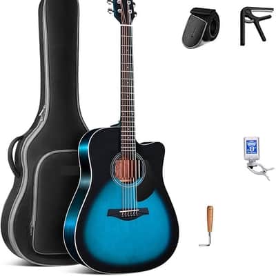 Solid Top Dreadnought Acoustic Guitar 41 Inches Spruce Guitar Beginner Bundle with Book, Padded Bag, Strings, Picks, Hexwrench, Strap, Polishing Cloth, Blue image 1