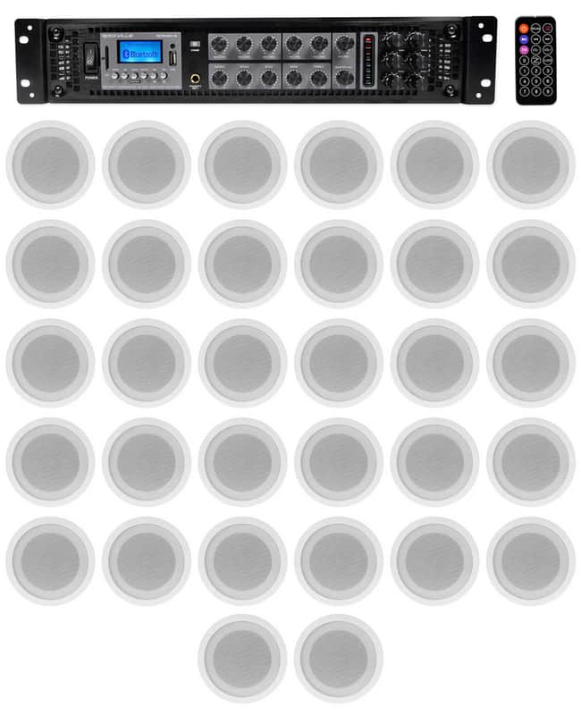 Rockville 6-Zone Amp+32 White 5" Ceiling Speakers for Restaurant/Bar/Cafe/Office image 1