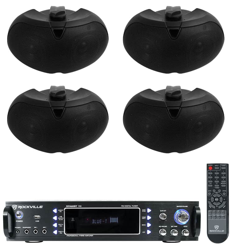 (4) Rockville D4-16 Black Dual 4" 16 Ohm Outdoor Home Patio Speakers+Receiver image 1