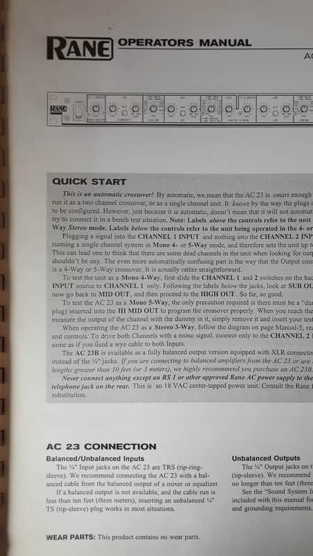 Operator's Manual for Rane AC 23 Active Crossover image 1