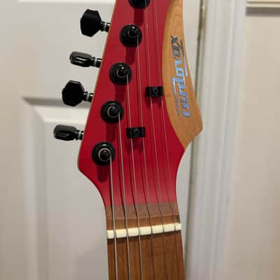 1 of 1 Custom Red Cordovox Strat Style / ST HSS Electric Guitar | Gold Control Knobs w/ Abalone Shell | Shiny Blue Pickup Switch Cap | White Pearl Pickgaurd | Abalone Shell Fret Stickers | Roasted Maple Neck / Fretboard image 4