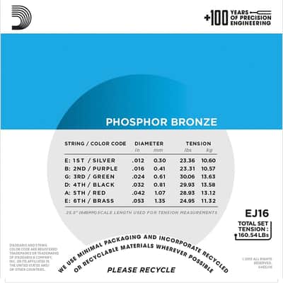 D'Addario EJ16 Phosphor Bronze Acoustic Guitar Strings, Light, 12-53 image 8