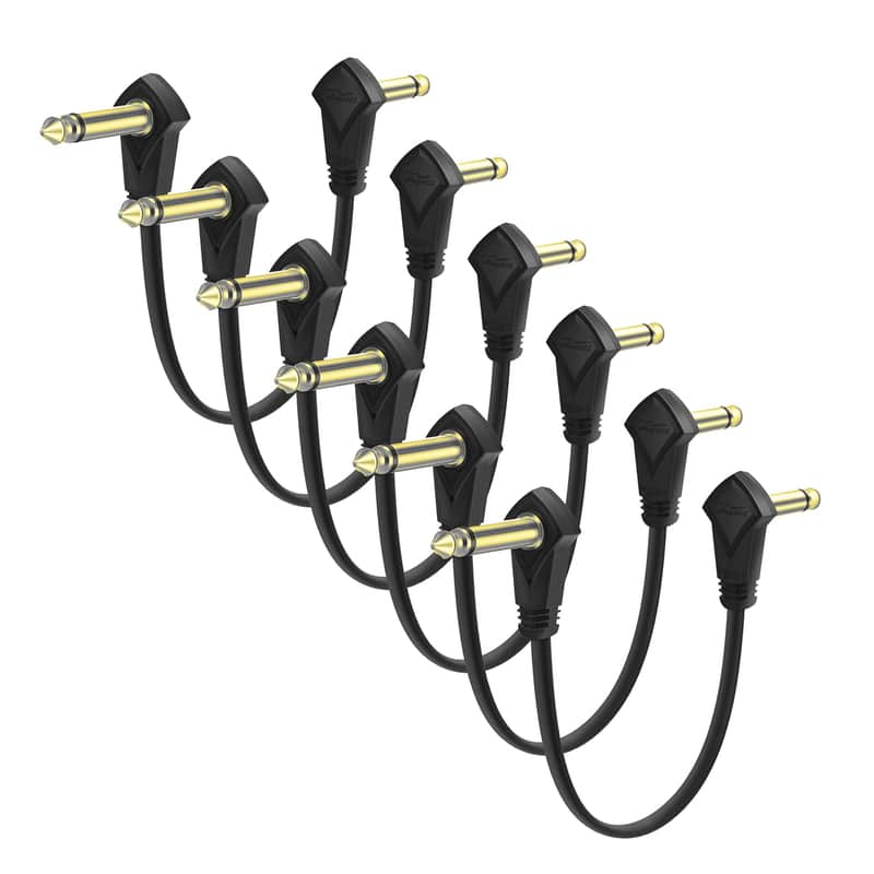 6 Pack 12 Inch Guitar Patch Cables Gold Plug, 30 cm Black Guitar Pedal Cable Effect Cable Cord, 1/4" inch TS Low Profile Right Angle Patch Cable for Guitar Effect Pedal image 1