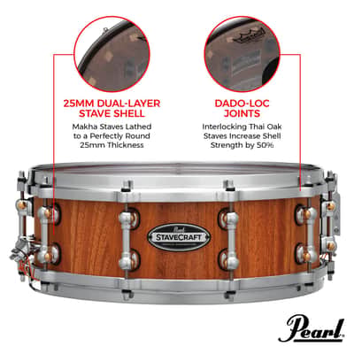 Pearl StaveCraft 14"x5" Maximum Volume Snare Drum with 20mm Makha shell, Thai Oak DadoLoc and MasterCast Die-Cast Hoops in Hand-Rubbed Natural Satin Finish image 3