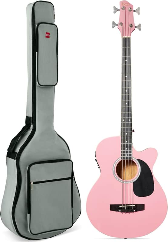 Full Size 4 String Acoustic Electric Bass Guitar Fretted Bass Guitar with Gig Bag (Pink) image 1