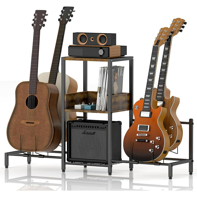 OEM Guitar Stand  With 3-tier Storage Shelf for 4 Electric, Bass Guitars, Guitar Amp Accessories, Record Player, Albums, Guitar Stand Multiple Guitars photo 1