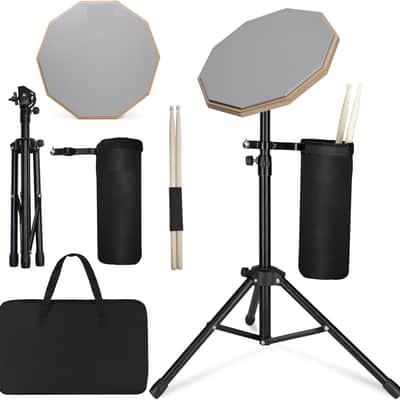 12 Inch Practice Drum Pad with Stand, Sticks and Drum Stick Bucket, Beginner Snare Drum Pad with Drumsticks(one pair) and Carrying Bag, Double Sided Silent Drum Pad (Gray) image 1