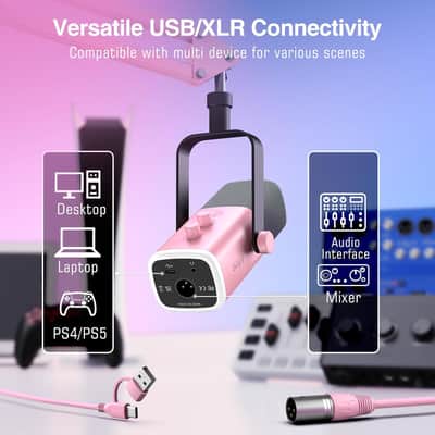 XLR Gaming Microphone USB, PC Dynamic Microphone Kit for Vocal, Recording, Podcast, Streaming RGB Mic with Headphone Jack, Mute Button, Boom Arm Stand for Computer/Mixer-AmpliGame AM8T Pink image 3