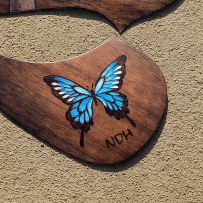 Burny Black left handed guitar pickguard - butterfly blue/walnut made to order - Urethane image 8