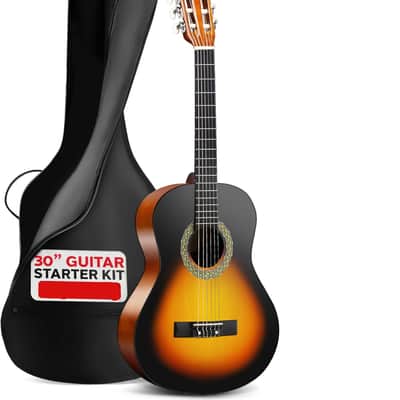 Beginner Acoustic Guitar Kit, 1/4 Junior Size All Wood Instrument for Kids, Adults, 30" Sunburst Teardrop Matte image 1